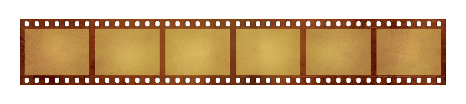 Close up six frames of old vintage grunge retro styled classical 35 mm film strip isolated on white background