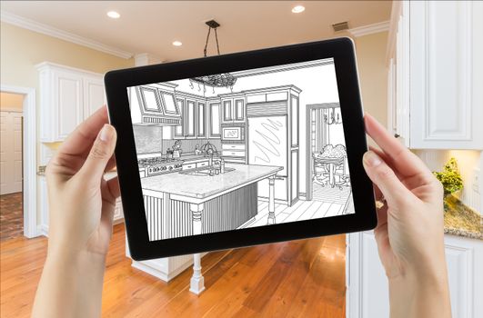 Female Hands Holding Computer Tablet with Drawing on Screen of Kitchen Behind.