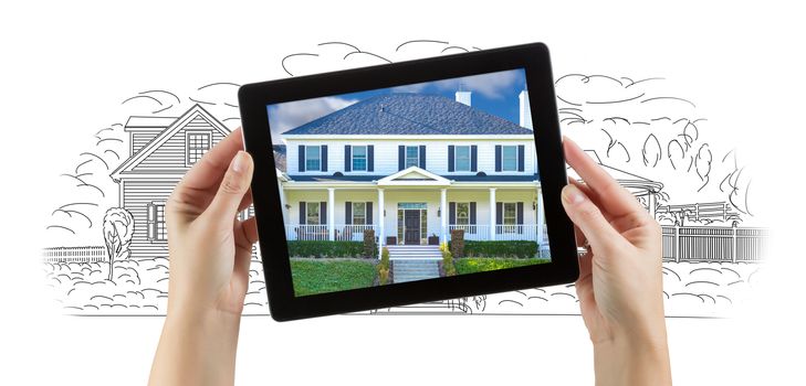 Female Hands Holding Computer Tablet with House Photo on Screen &amp; Drawing Behind.