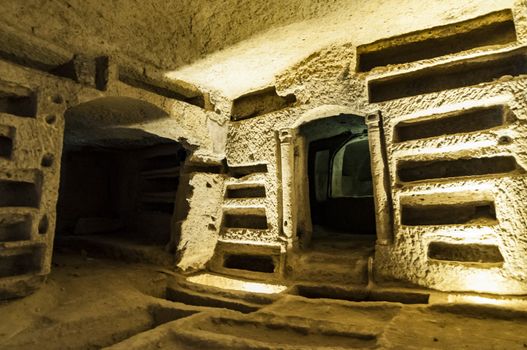 NAPLES, ITALY -MARCH 31, 2012: inside the Catacombs of San Gennaro in the heart of city of Naples, Italy