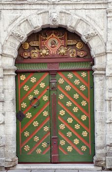 Door of the Brotherhood of Blackheads building in Tallinn, Estonia