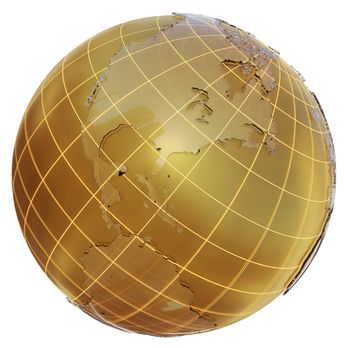 Golden globe with glass continents. 3d illustration on white background. Abstract sphere as Earth