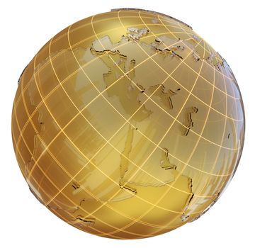 Golden globe with glass continents. 3d illustration on white background. Abstract sphere as Earth