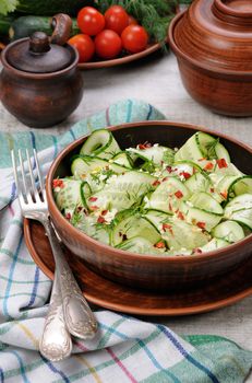 A bowl of salad from cucumber strips with spices, garlic and dill. Rustic style.