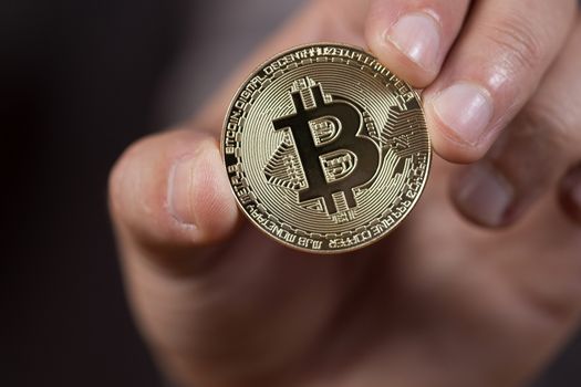male hand holding a bitcoin, a digital crypto currency.