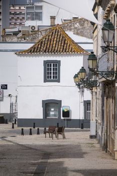 View of the typical streets in Faro city, located in Portugal.