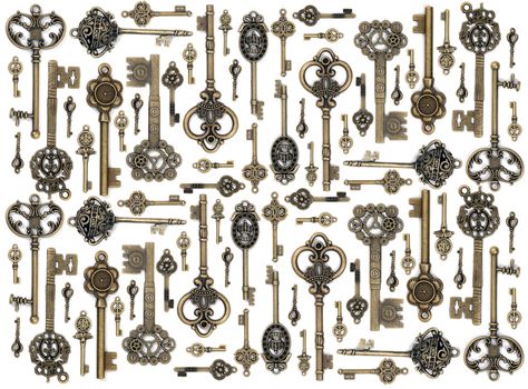 vintage fantasy detailed golden keys collection set isolated on a white background.