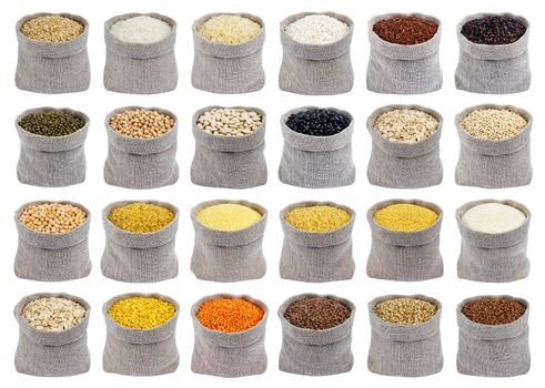 Collection of different cereals, grains and flakes in bags isolated on white background with clipping path