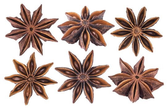 Star anise spice fruit isolated on white background closeup collection