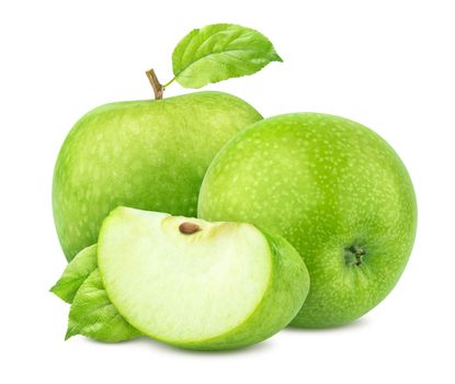Green apples with leaves isolated on white background with clipping path