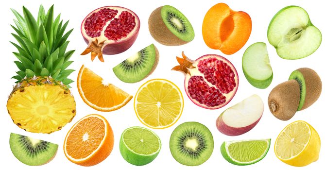 Set of various cut fruits isolated on white background with clipping path