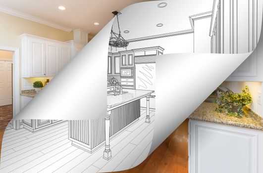 Kitchen Drawing Page Corners Flipping with Photo Behind.