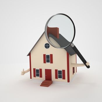 3D illustration of a house holding a magnifying glass.