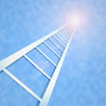 3D illustration of a ladder reaching towards a blue sky.