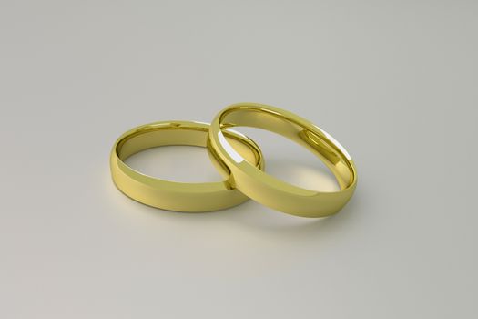 3D illustration of gold wedding rings on a gray background.
