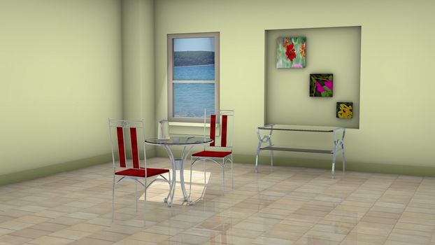 3D rendered illustration of a room with table and chairs.