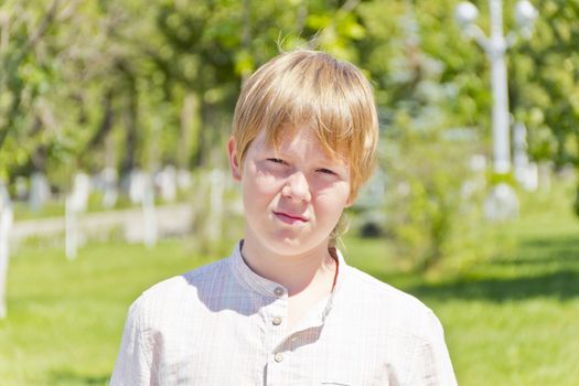 Portrait of serious boy in summer green park