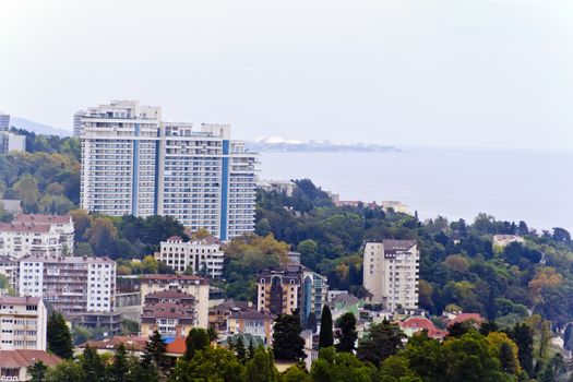 Panorama of Russian resort town Sochi and Black sea