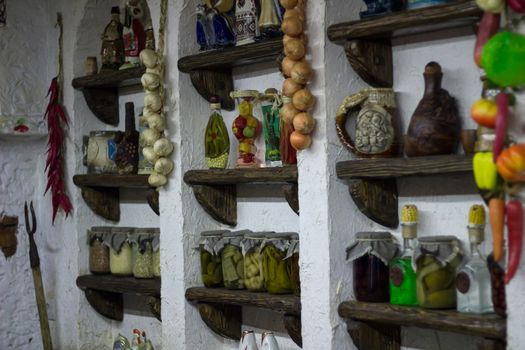 Ukrainian rural country style kitchen with village interior decoration accessories