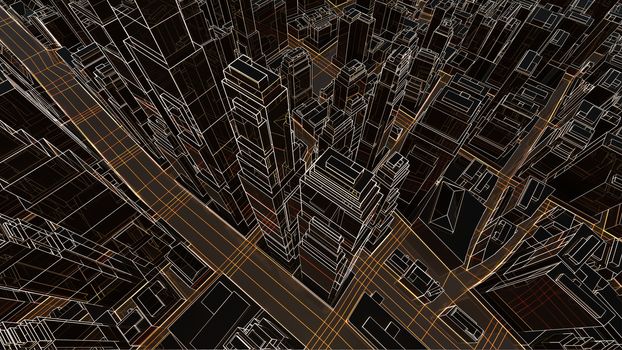 Abstract 3D city with luminous lines and black mirror buildings. The concept of new technologies. 3d illustration