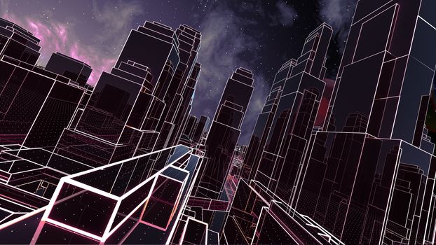 Abstract 3D city with luminous lines and black mirror buildings. The concept of new technologies. 3d illustration