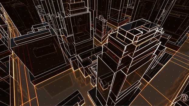 Abstract 3D city with luminous lines and black mirror buildings. The concept of new technologies. 3d illustration