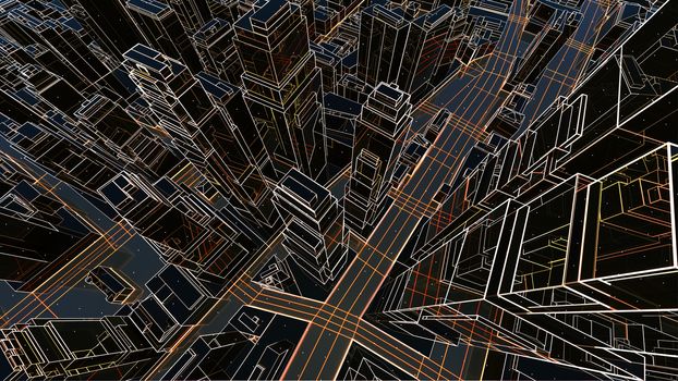 Abstract 3D city with luminous lines and black mirror buildings. The concept of new technologies. 3d illustration