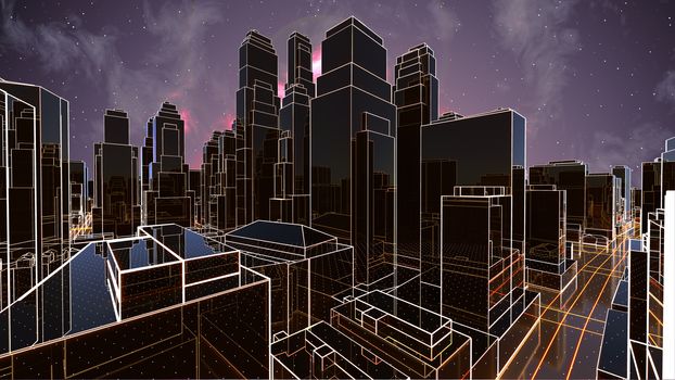 Abstract 3D city with luminous lines and black mirror buildings. The concept of new technologies. 3d illustration