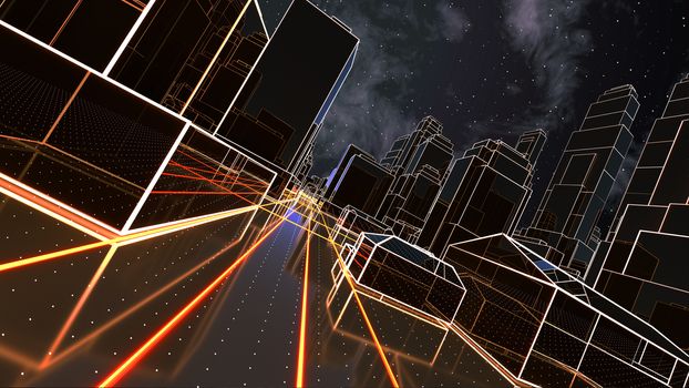 Abstract 3D city with luminous lines and black mirror buildings. The concept of new technologies. 3d illustration