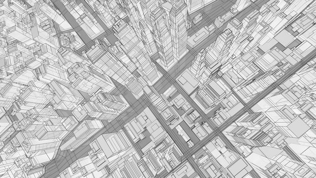 Sketch of modern city, aerial view. 3d illustration