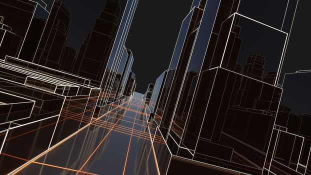 Abstract 3D city with luminous lines and black mirror buildings. The concept of new technologies. 3d illustration