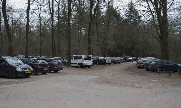 Zeist,Holland,18-03-2018, Car parking at the entrance of the walking area and forest at piramide of austerlitz, this is a monument of Napoleon build in 1804
