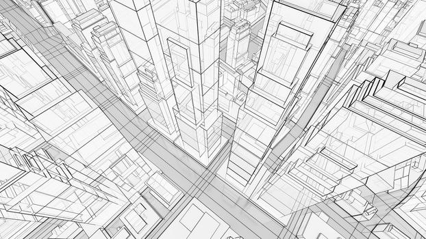 Sketch of modern city, aerial view. 3d illustration