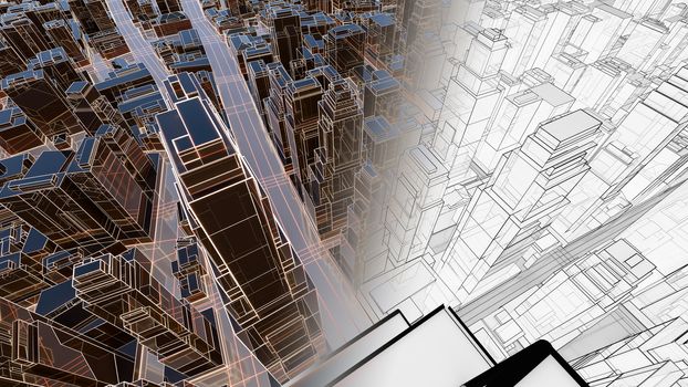 Abstract 3D city with luminous lines and black mirror buildings. The concept of new technologies. 3d illustration