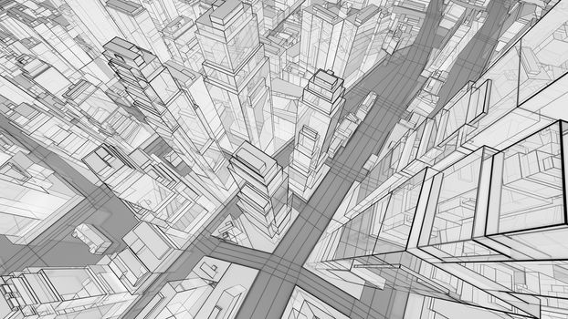 Sketch of modern city, aerial view. 3d illustration