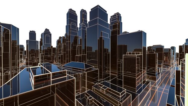 Abstract 3D city with luminous lines and black mirror buildings. The concept of new technologies. 3d illustration