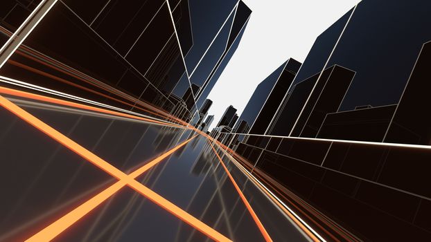 Abstract 3D city with luminous lines and black mirror buildings. The concept of new technologies. 3d illustration