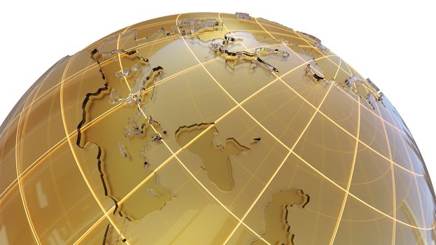 Golden globe with glass continents. 3d illustration on white background. Abstract sphere as Earth