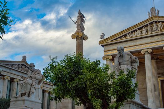 socrates, plato and athena statues at academy of athens