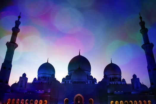 A view of the grandmosque through a thin mesh of colorful light sequins.