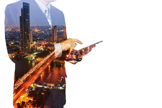 Double Exposure of Man or Male hold Digital Wireless Smart Tablet with City Building Business Street and Bridge as High Speed Data Technology Innovation Networking and Real Estate ProJect Development Concept.