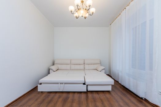 Cozy comfortable new sofa standing in empty modern room