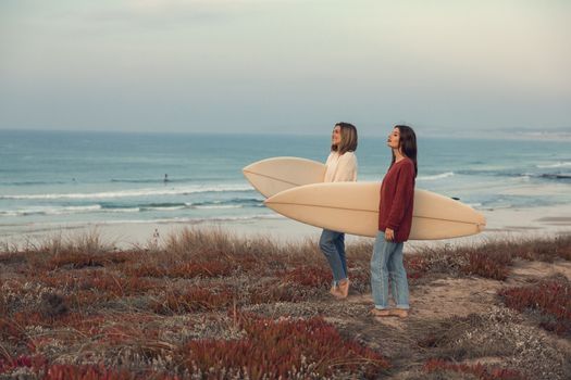 Shot of two female friends holding their surfboards while looking to the ocean