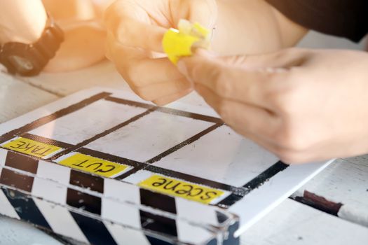 Behind the scene,Film production crew,close up of movie clapper