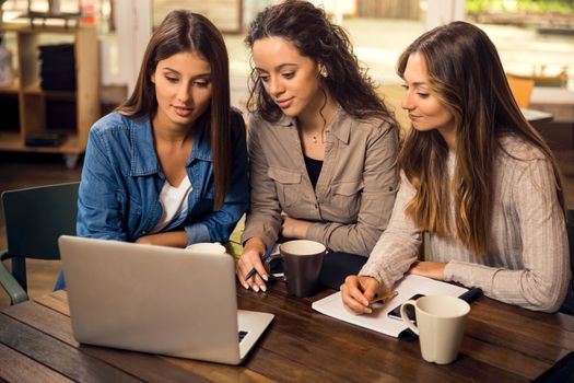 Group of beautiful female friends studying together