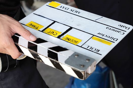 Behind the scene,Film production crew,close up of movie clapper