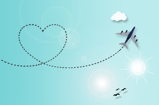 Miniature plane with heart shape trail on sky paper background with illustration of sun, clouds and birds 