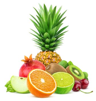 Assortment of exotic fruits isolated on white background with clipping path. Collection