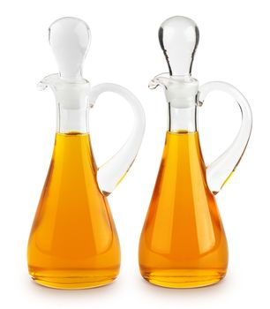 Olive oil in glass bottle isolated on white background with clipping path