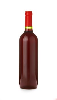 Close up one full unopen glass bottle of red wine without label isolated on white background, low angle side view